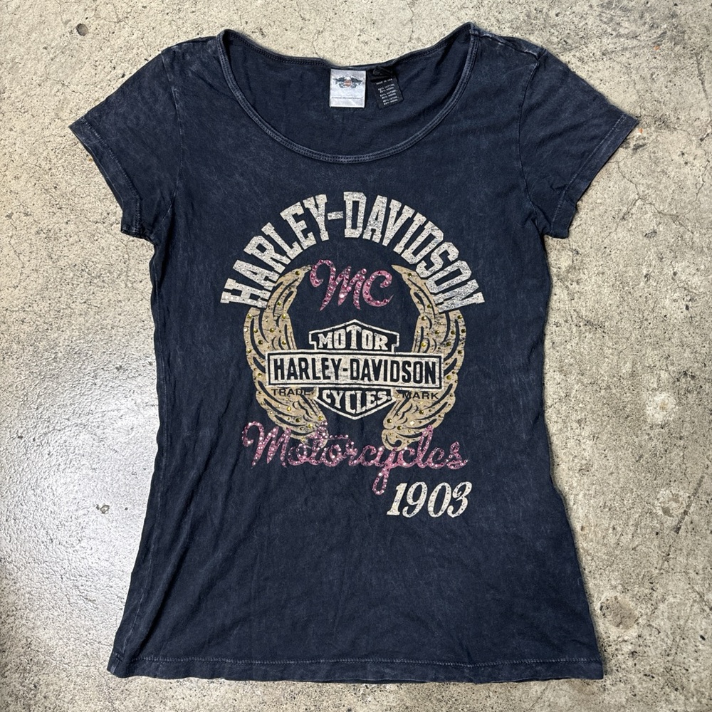 Y2K Harley Davidson shirt with rhinestones and crystals size M black
